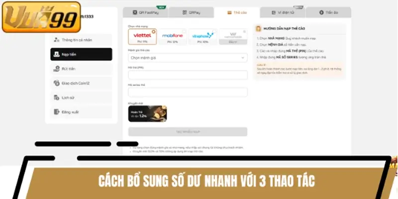 Cách bổ sung số dư nhanh với 3 thao tác Cách bổ sung số dư nhanh với 3 thao tác